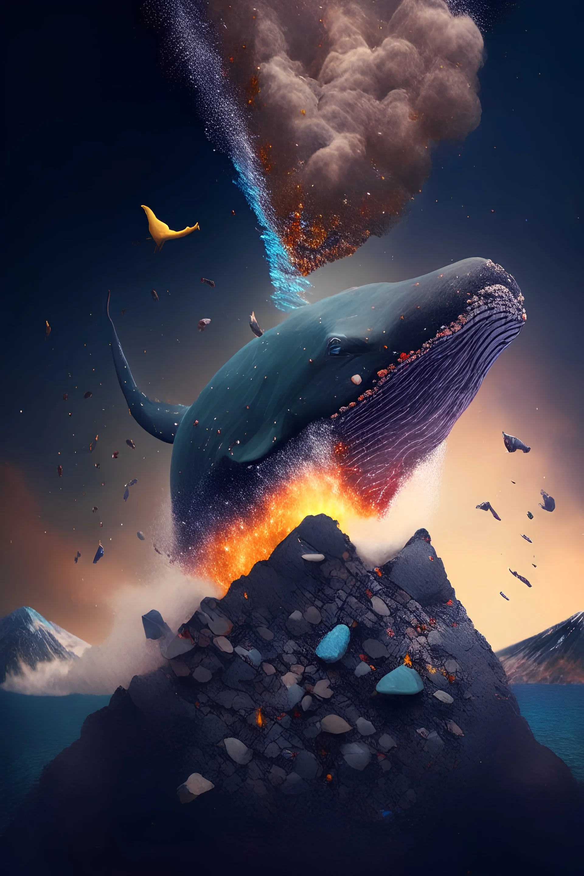 A whale from the volcano flies over the precious stones