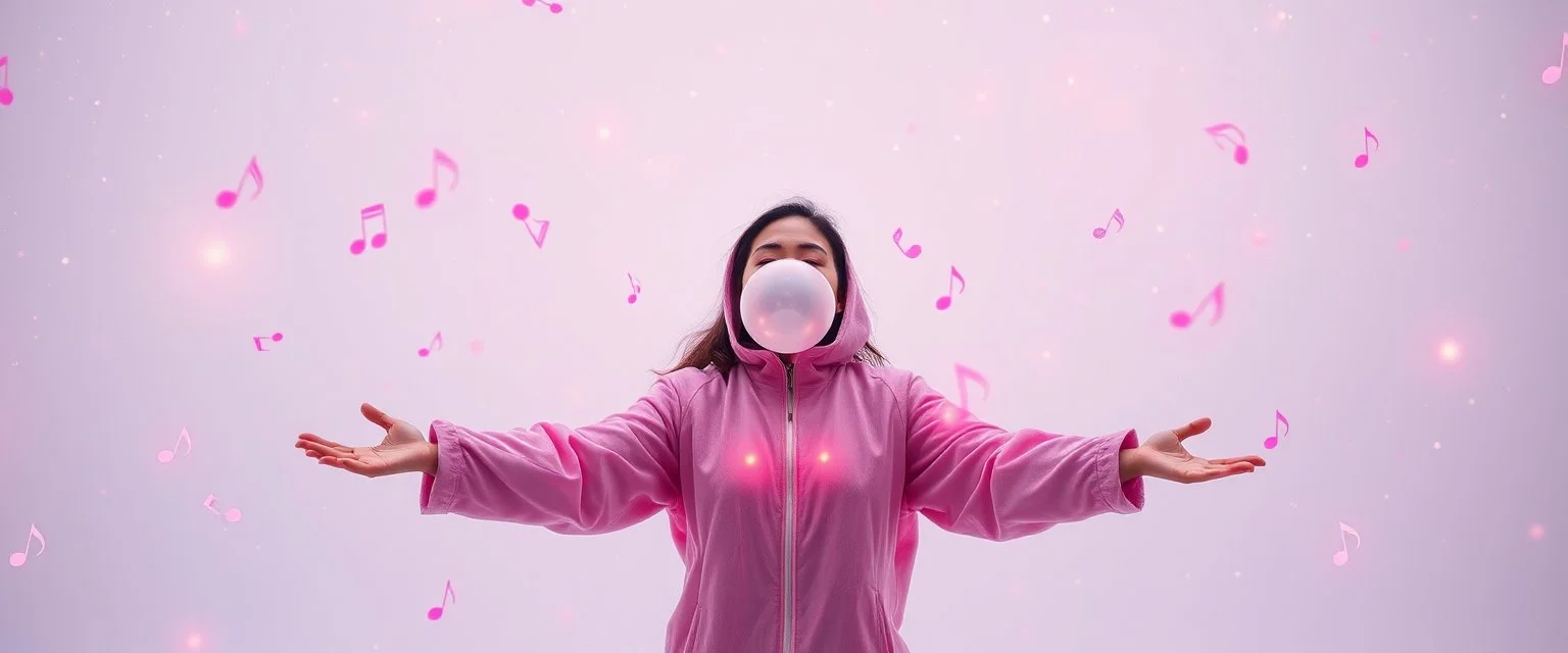 eskimo yoga mind bending bubble gum as a young woman floating transparent music notes in the weirder universe