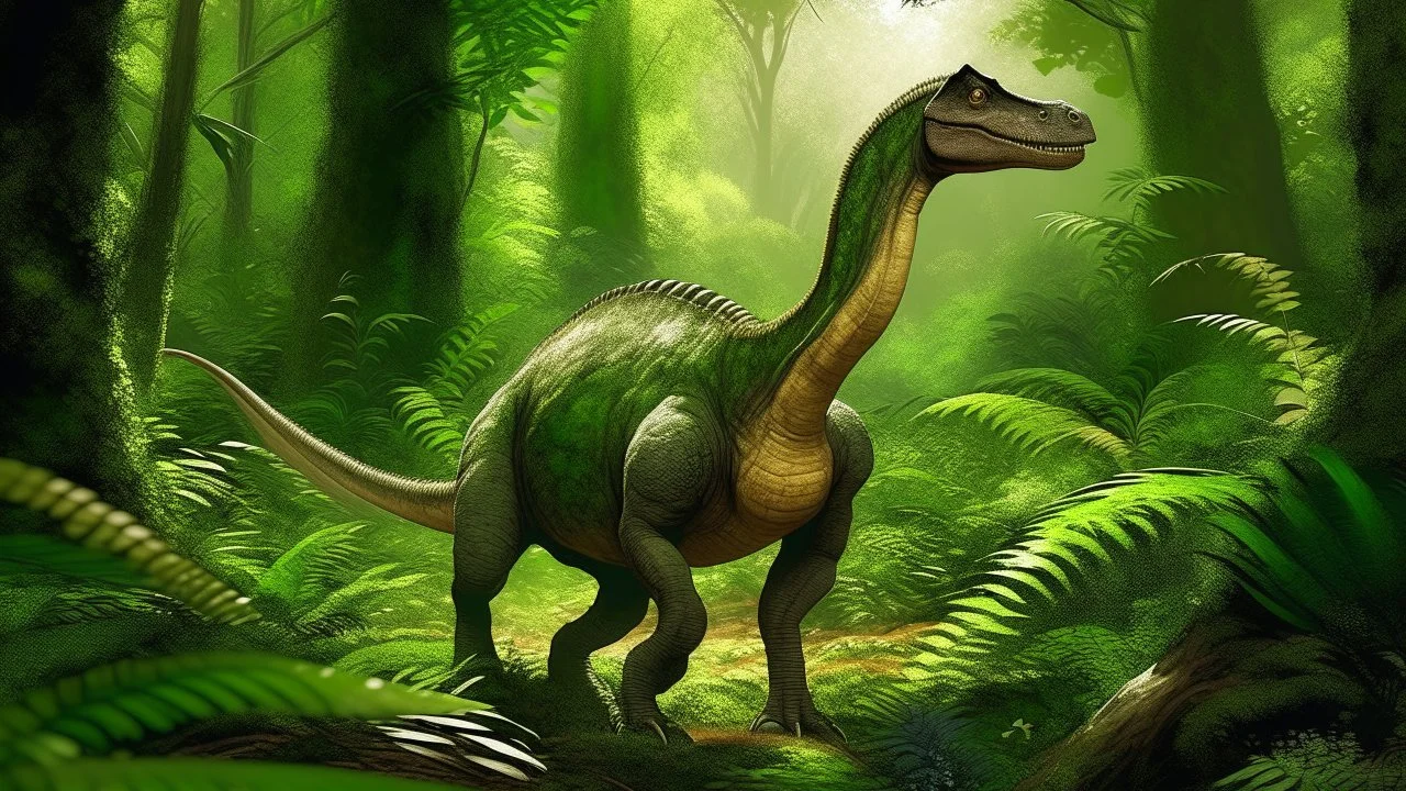 A parasaurolophus stands in a lush Cretaceous forest environment. The large duck-billed dinosaur's distinctive long, curved head crest extends backward from its skull in a tube-like shape. The parasaurolophus has olive-green scales, a robust body structure, and walks on all fours. Dense prehistoric vegetation surrounds the dinosaur, including tall conifers, cycads, and tree ferns with detailed fronds. Dappled sunlight filters through the forest canopy, creating subtle shadows on the forest floor