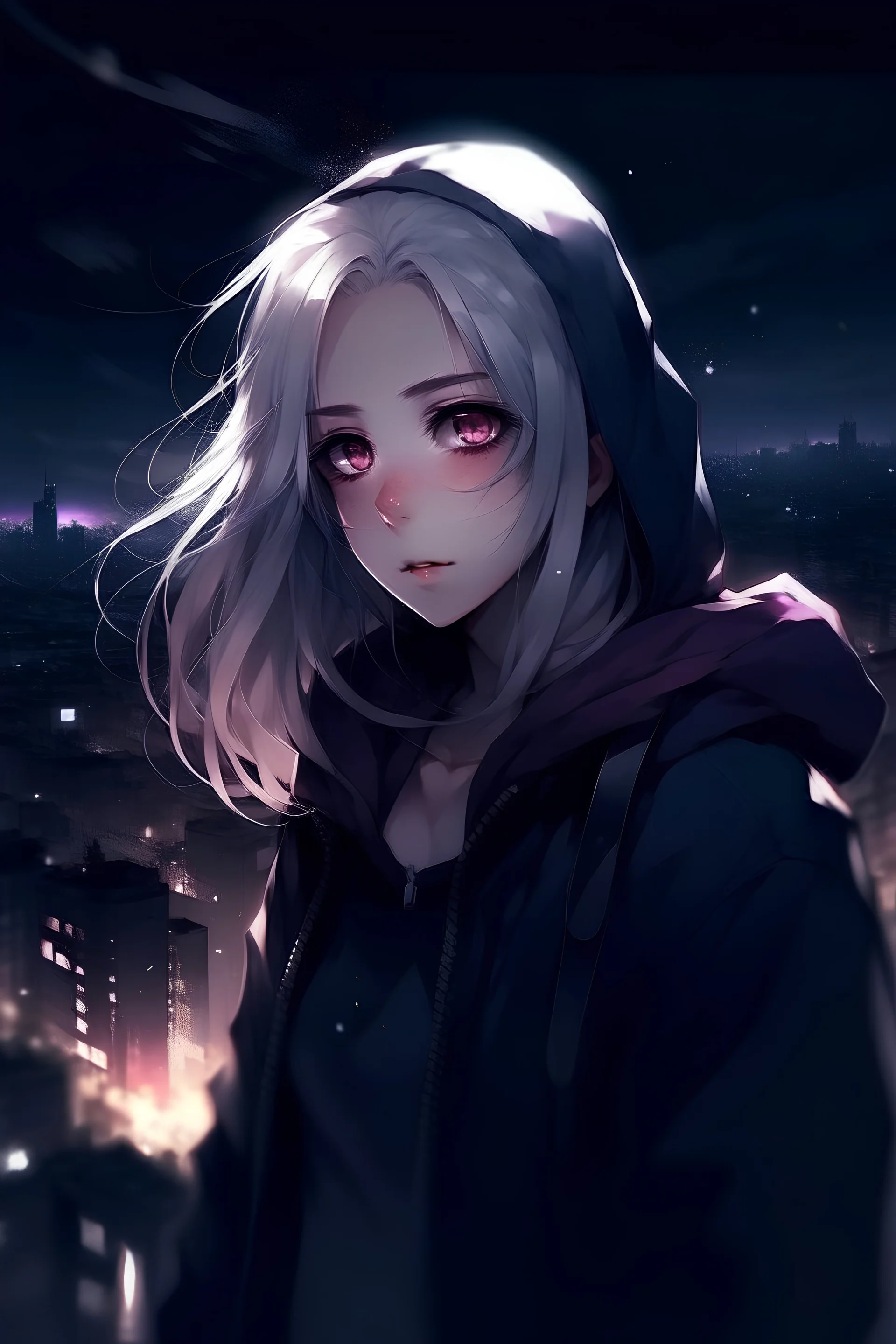 messy hair. white hair, anime, girl, magenta eyes, dark night, dark sky, black beanie, jacket, empty city,