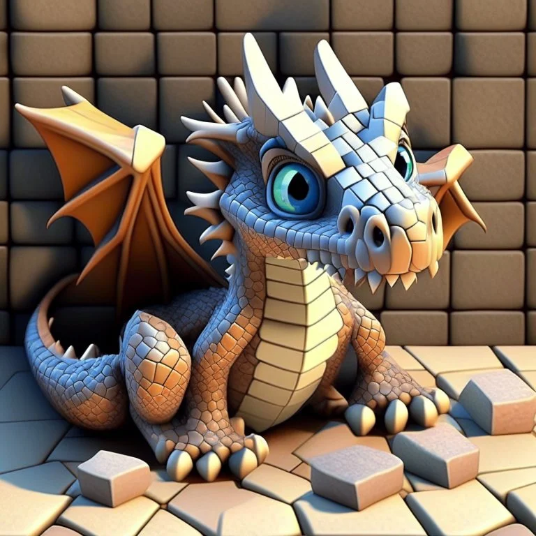 A cute dragon that is smooth and appears to be made of tiles 3D