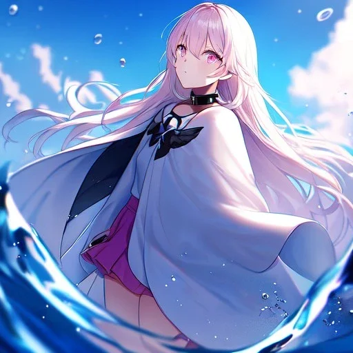 Clear focus,High resolution, Blue long hair, Light pink eyes,Wearing a white cloak,Wearing a pink short skirt,wearing a black collar,Looking away from the viewer, Blurry floating water