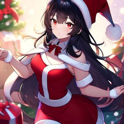 Clear focus, high resolution, black long fluffy hair, red eyes, wearing a chrimstas outfit, wearing a red short skirt, wearing a santa hat