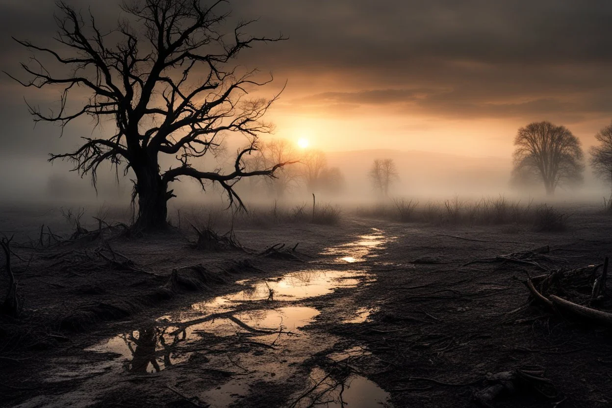 a dirt road next to a tree on a foggy day, moody sunset background, dry tree branches scattered in mud, dark swamp, doom and gloom, grey clouds, snow dawn, snowy landscape, dramatic matte painting, melancholic mood