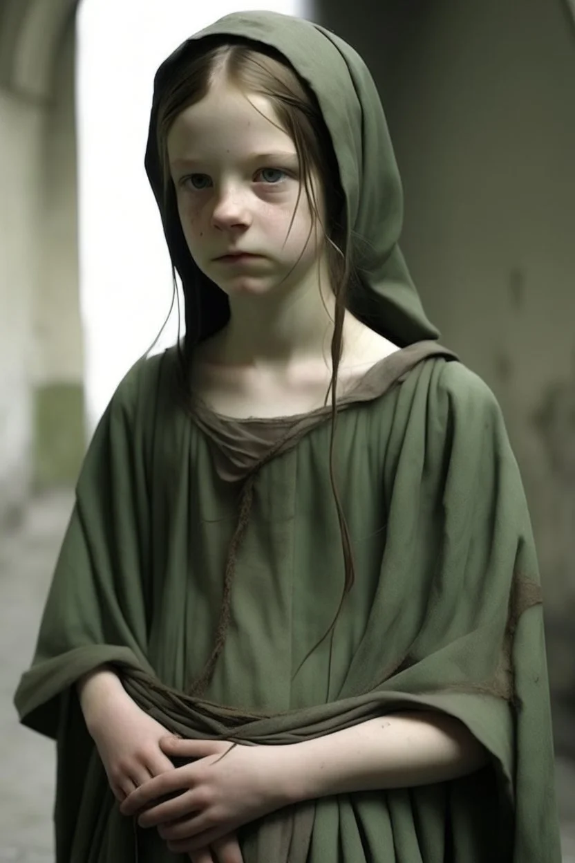 very thin 12 year old girl, dressed in rags, (A Cure for Wellness style, full figure