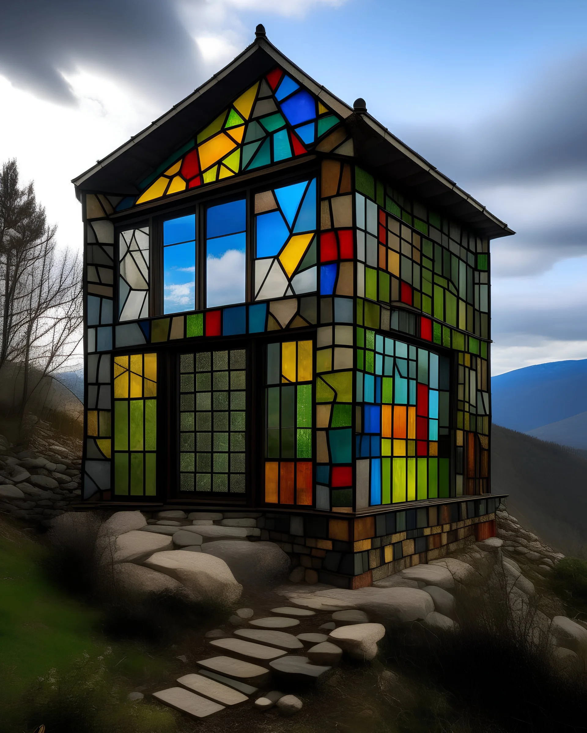 small stained glass house on a mountain by Tom Fruin, raw photo, uhd, dslr, natural lighting, natural color, intricate, fine texture