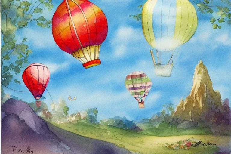 whimsical postcard with watercolor of a hot air balloon, children's book illustration, peter rabbit