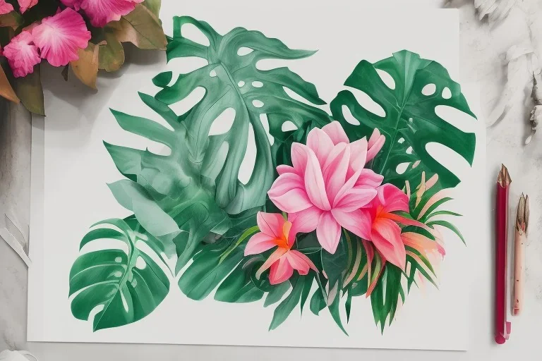 Tropical flowers, realistic heart drawing, crystals, tropical leaves, sacred altar, Fantasy home, Helen with cute animal