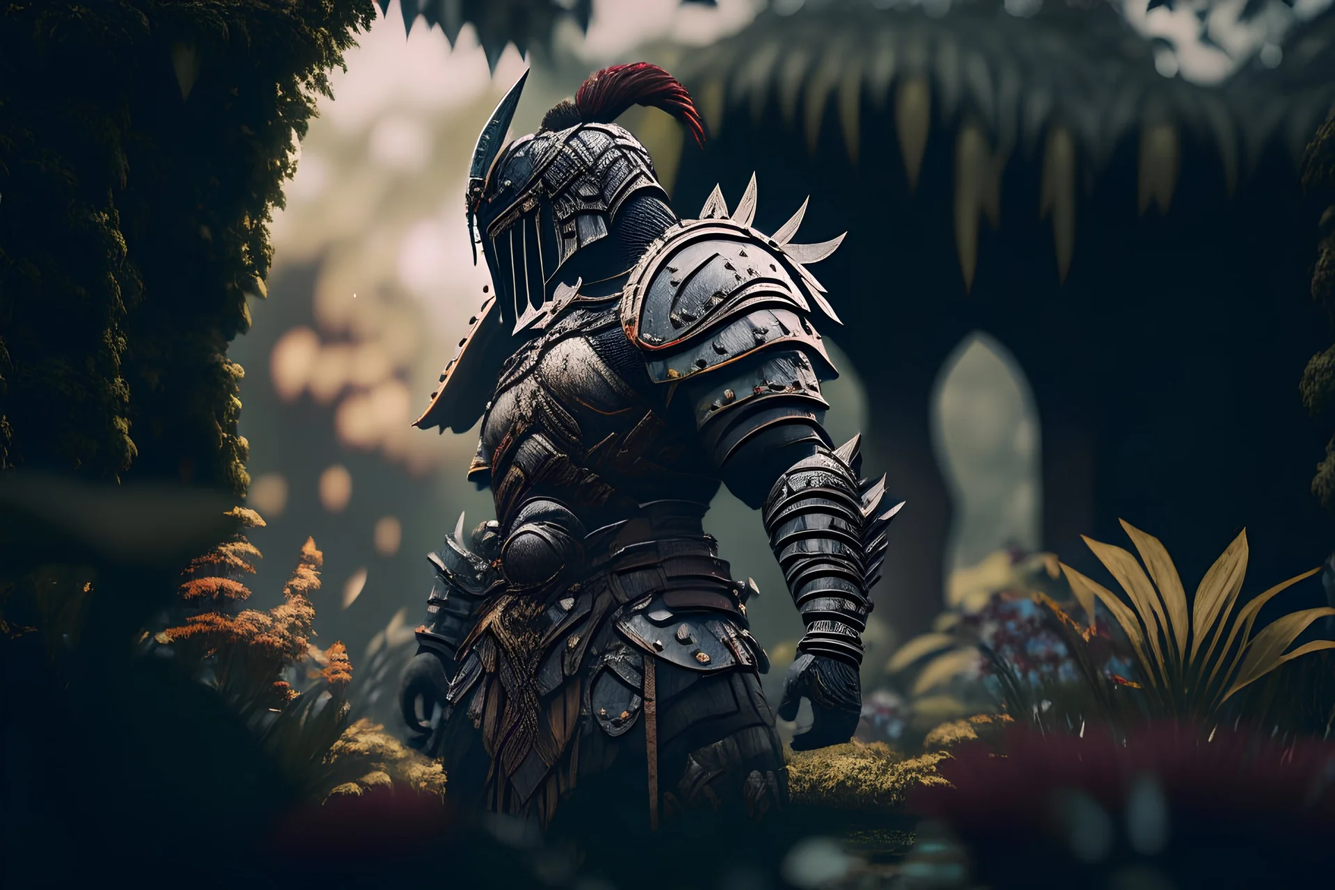 A stylized warrior in a garden, cinematic pose, low angle shot, hyperdetailed, HD, 8k, gloomy ambiance