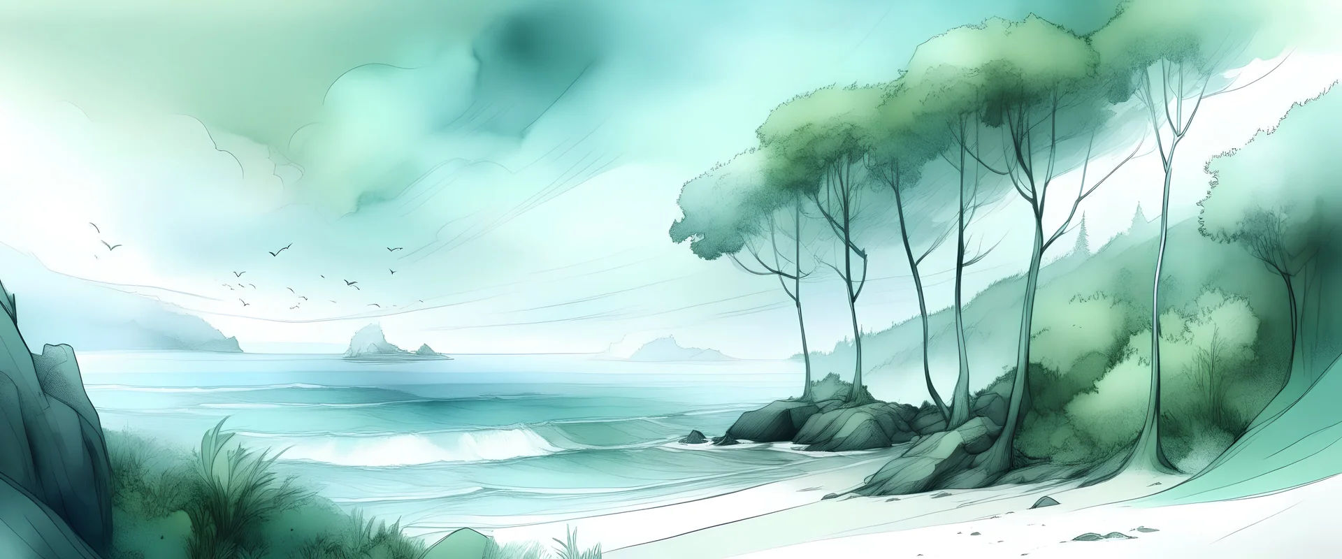 concept art stormy coast with lime green trees, lineart, watercolour light soft monochromatic blue transparent