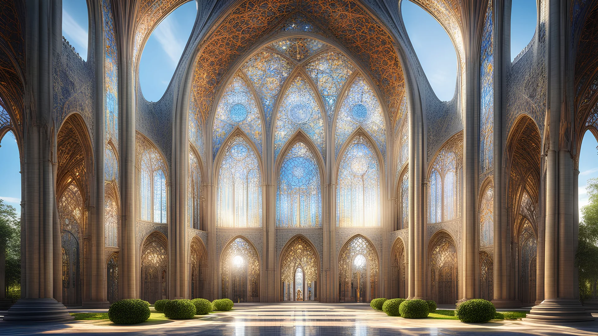 futuristic fantastic symmetrical cathedral external view in peaceful parkland, year 2160, sunshine, beautiful, colorful, totally symmetrical design, style Antoni Gaudí, innovative architecture, award-winning photograph, awesome, serene, inspiring, spiritual, impressive, Cinematic lighting, Epic composition, Photorealism, Very high detail, Unreal Engine, Octane render, HDR