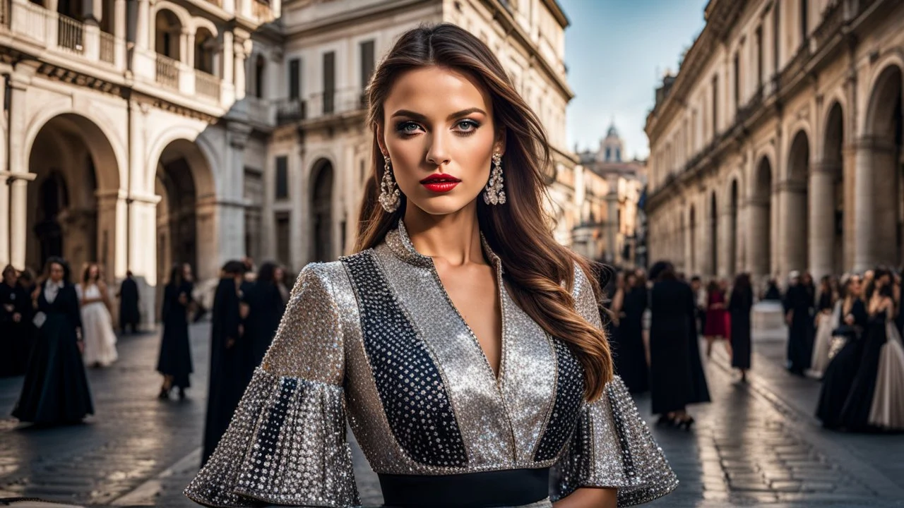 Beautiful model female fashion vogue style, portraits with dresses Gucci, Balenciaga, Chanel, background Rome via Nazionale, via Condotti, Piazza di Spagna, Dramatic ambience, wearing shining Diamond Jewelry, in sharp focus, post – processing, perfect composition, global illumination, Canon EF 16 – 35mm f/ 2. 8L III USM Lens on a Canon EOS 5D Mark IV camera, Cinematic lighting, Dramatic lighting, sharp focus, photorealistic, Ultimate Luxury, romantic mood, expressions, 4k, 8k, 16k, full ultra hd