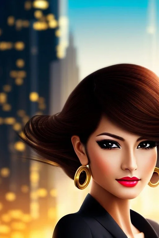 Young business woman, dark orange eyes, dark brown hair, elegant hair, thin lips, gold hoop earrings, waist up portrait, 8k resolution, intricate details, ornate details, soft lighting, vibrant colors, retroanime, masterpiece, realistic, intricate eyeliner, dark eyeshadow, eyes,futuristic cityscape background