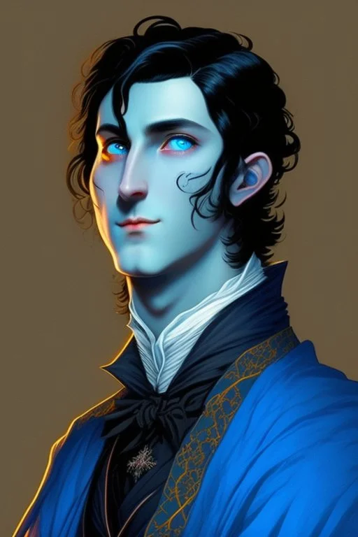 young black haired blue eyed wizard in the style of goethe