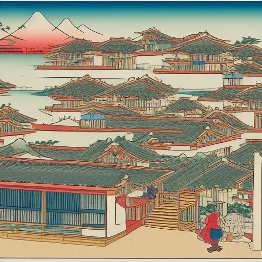 Ukiyo-e style illustration of ancient Inka city skyline buildings