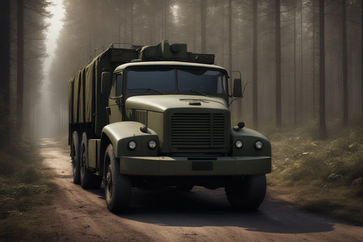 Military truck on a road, forest, overgrown apocalyptic, comic book, cinematic, far,