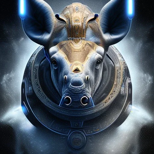 ù photo realistic, symetrical, centered, ultra detailed, digital art, in center is a portrait of highly detailed profile of head cyborg rhino , eyes filled with galaxy, dominating colors = gray light blue and dark gold, lightning, smoke,