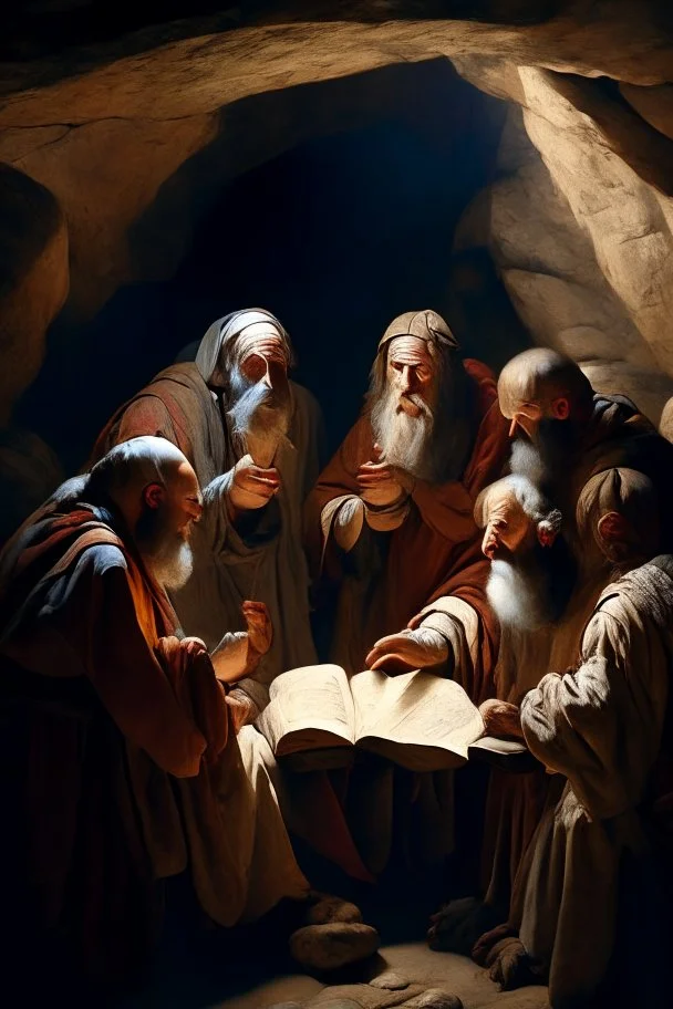 Several Christian priests of the 1st century AD are sitting in a cave and actively arguing and gesticulating, each holding a scroll of Ancient Scripture, on a wooden table in front of them there are many ancient scrolls, all painted with oil paintings in high resolution, in 8k.