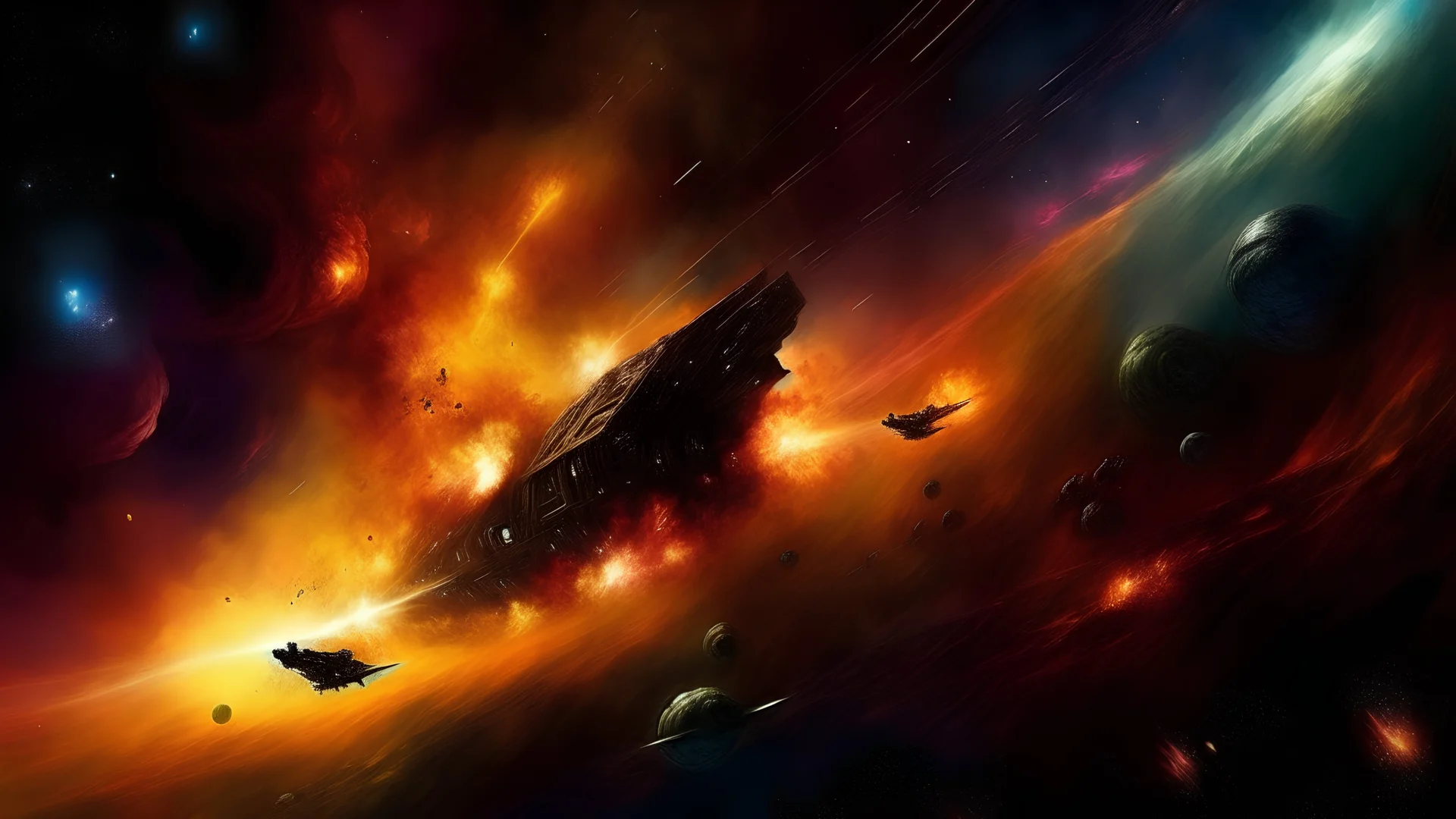Attack spaceships on fire off the shoulder of Orion Nebula, by Dean Ellis, highly detailed, high quality, stunning, epic