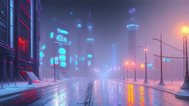 Space cyberpunk city, winter, impressionism painting