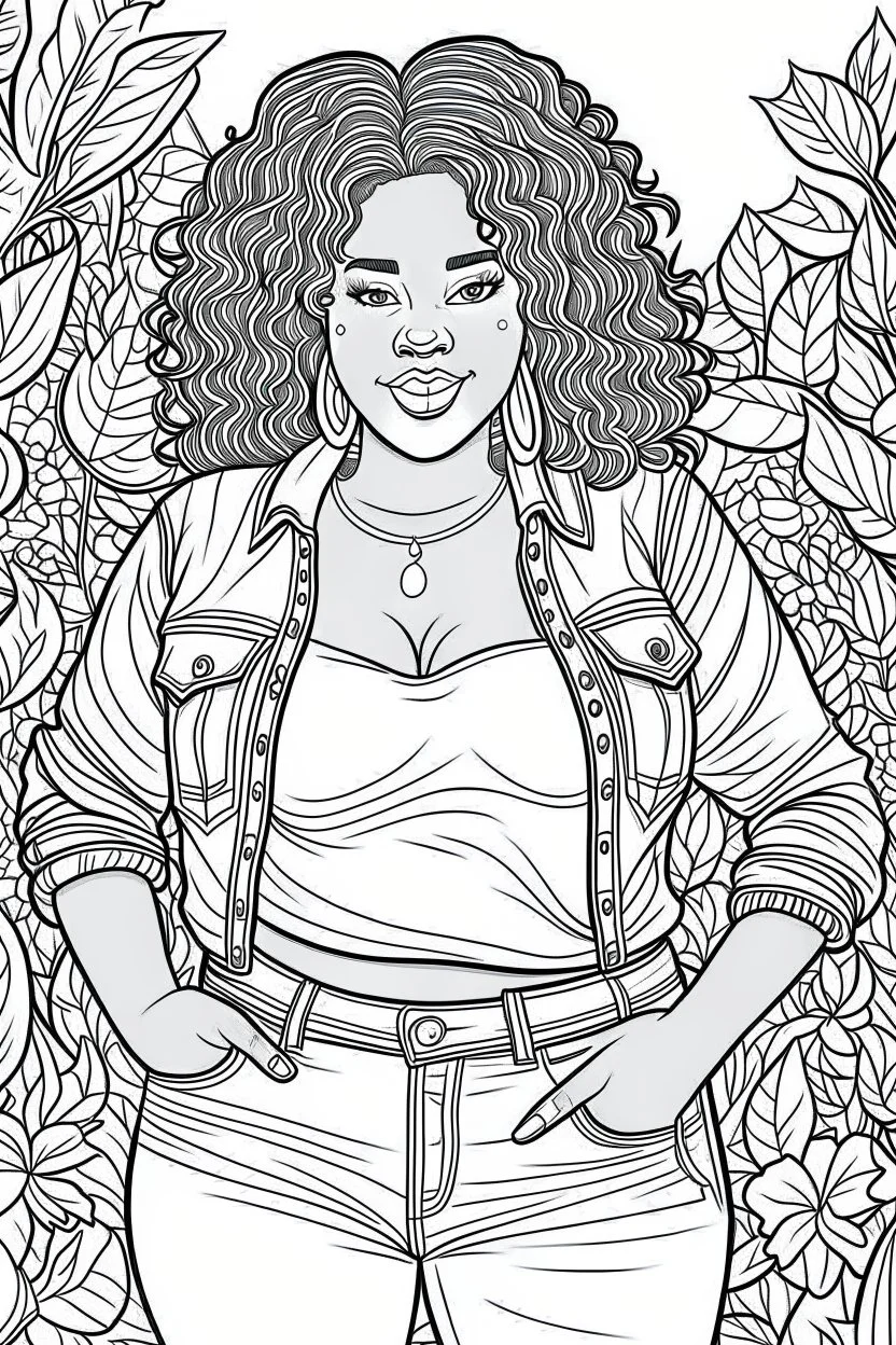 black curvy woman wearing jeans, eyes front camera coloring page floral background