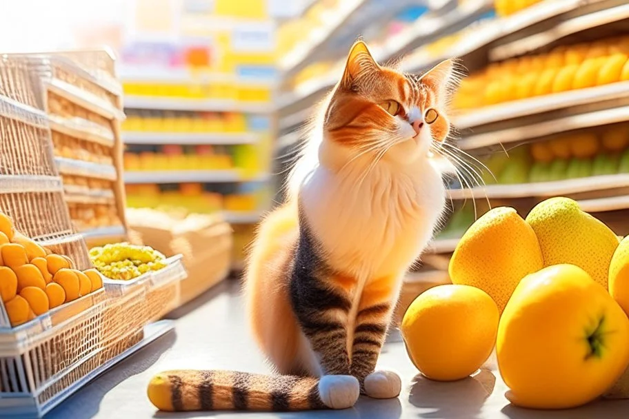 cute contented cat is shopping in a foodstore in sunshine. Food, fruits