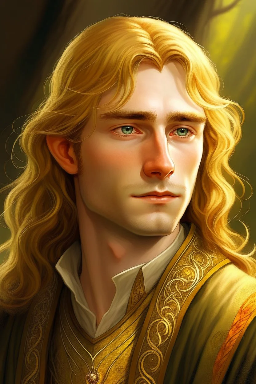 A young serene Lord Of The Rings like man with mid-length golden hair that cascades gracefully, and a short beard. His open eyes, with blind pupils, reflect a depth of wisdom and inner peace. A gentle smile graces his face, adding warmth to his tranquil demeanor.