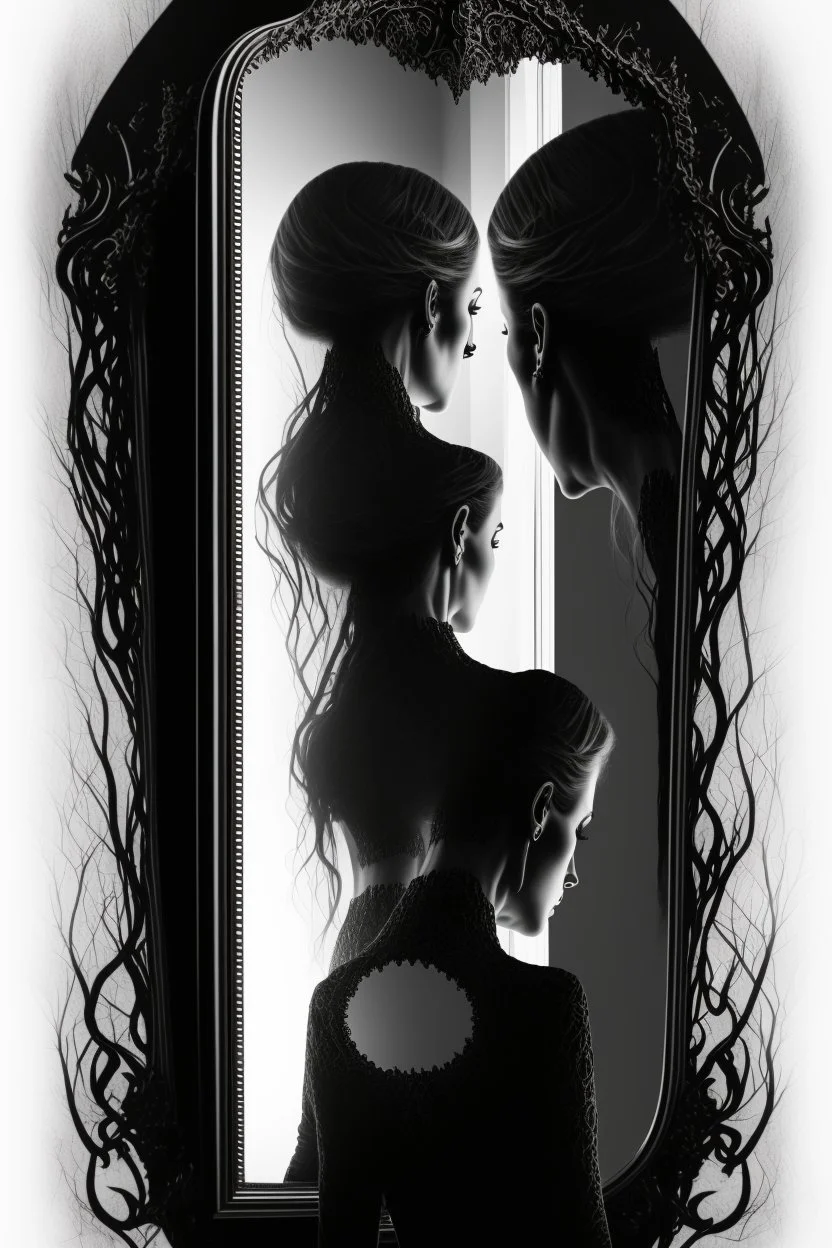 View from behind, a beautiful woman,she stares into a mirror, but her reflection in the mirror is an empty face, symbolism for the question "who am I", 32k, Mysterious and gothic, chaotic