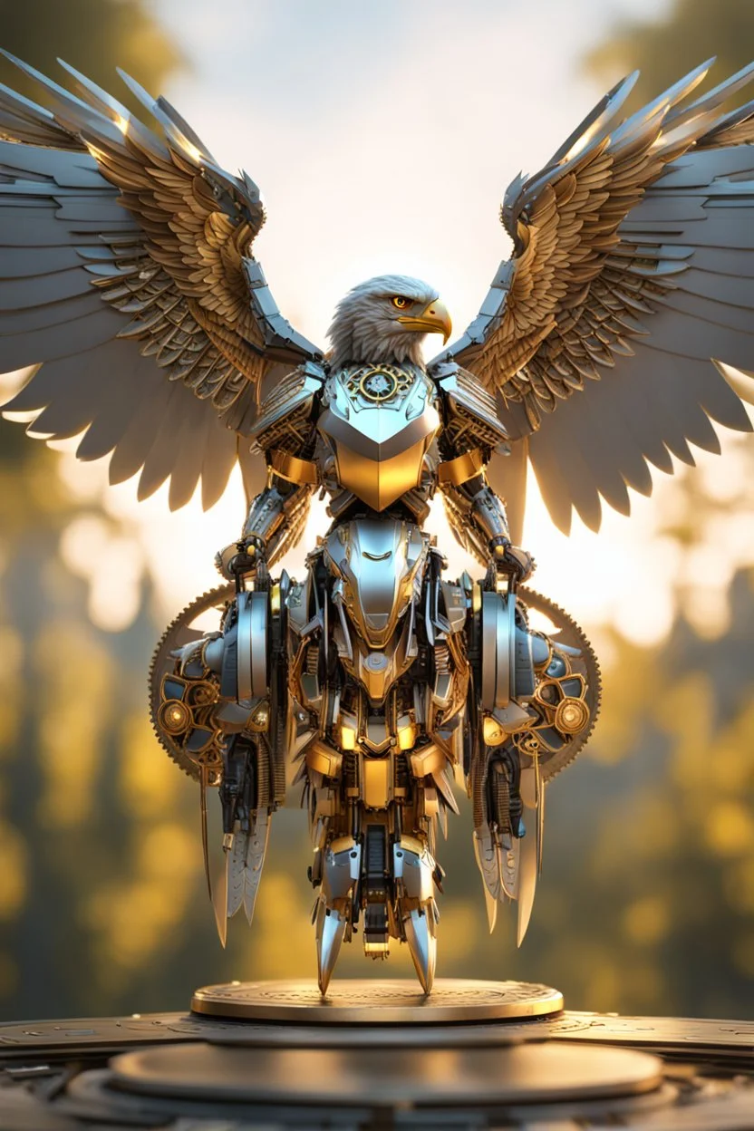 Full body eagle cyborg straddle wings, detailed, intricate, mechanical, gears cogs cables wires circuits, gold silver chrome copper, blurred woodland background, shallow depth of focus, render, cgi, ray-tracing