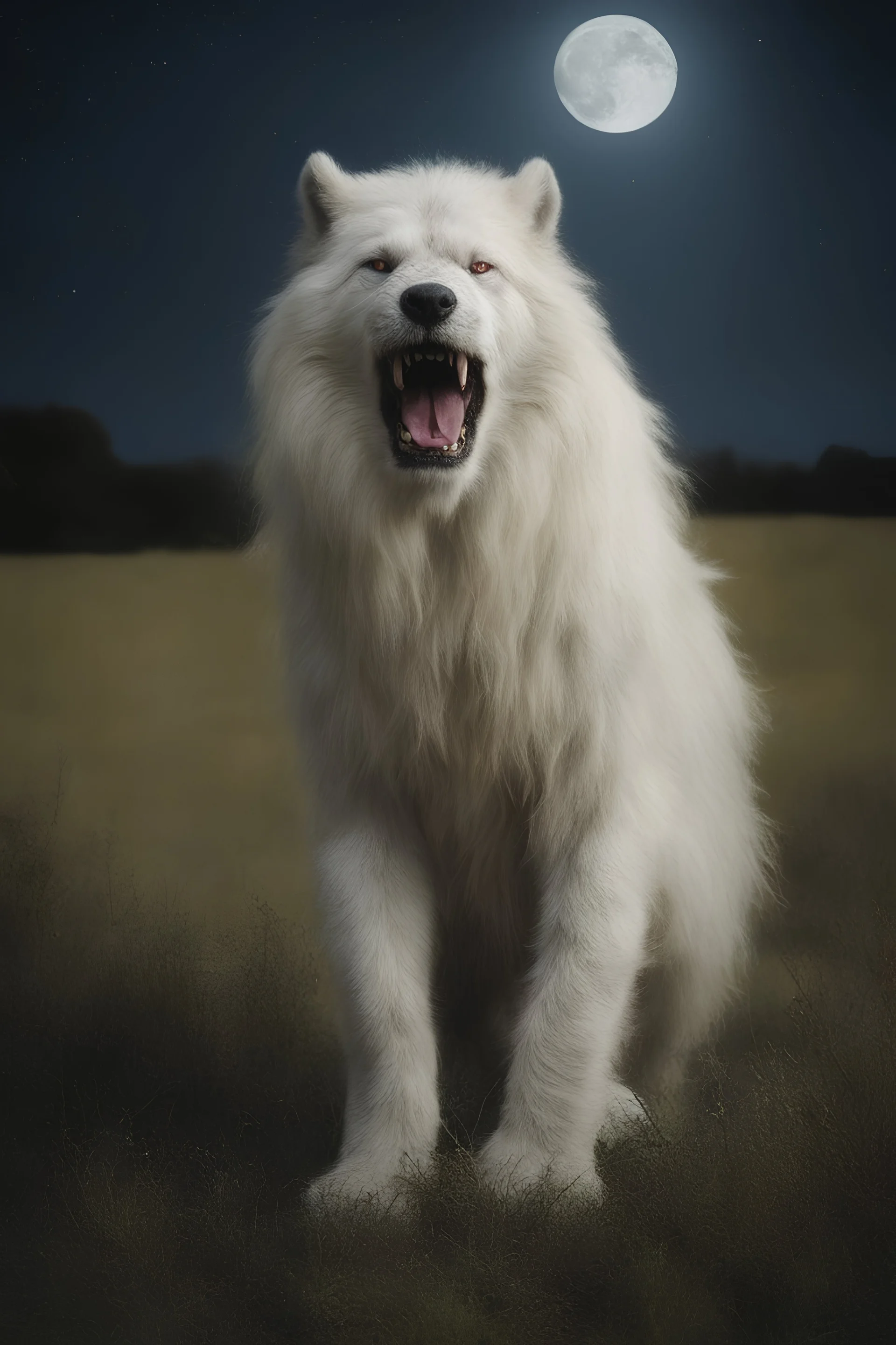 an extremely hairy, long-haired albino saber-tooth werewolf in a field, Botany, Starry, Moon lit, Retro Pop, Dark Fantasy, Horror, Festive, Realistic - 32k, UHD, professional quality, 8 x 10 digital photograph