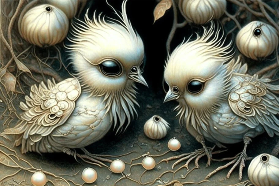 very cute insanely beautiful birds, sitting on the ground, anatomically correct, flawless, playing with flaming pearls, background delicate leaves, by Kinuko Y. Craft, H. R. Giger, Sürrealism