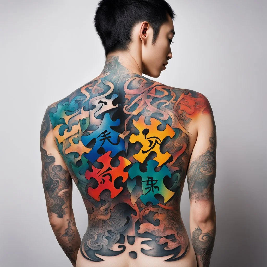 Dramatic full-back tattoo of a colorful Majong puzzle, Japanese calligraphy lettering, photorealistic, dramatic, body art