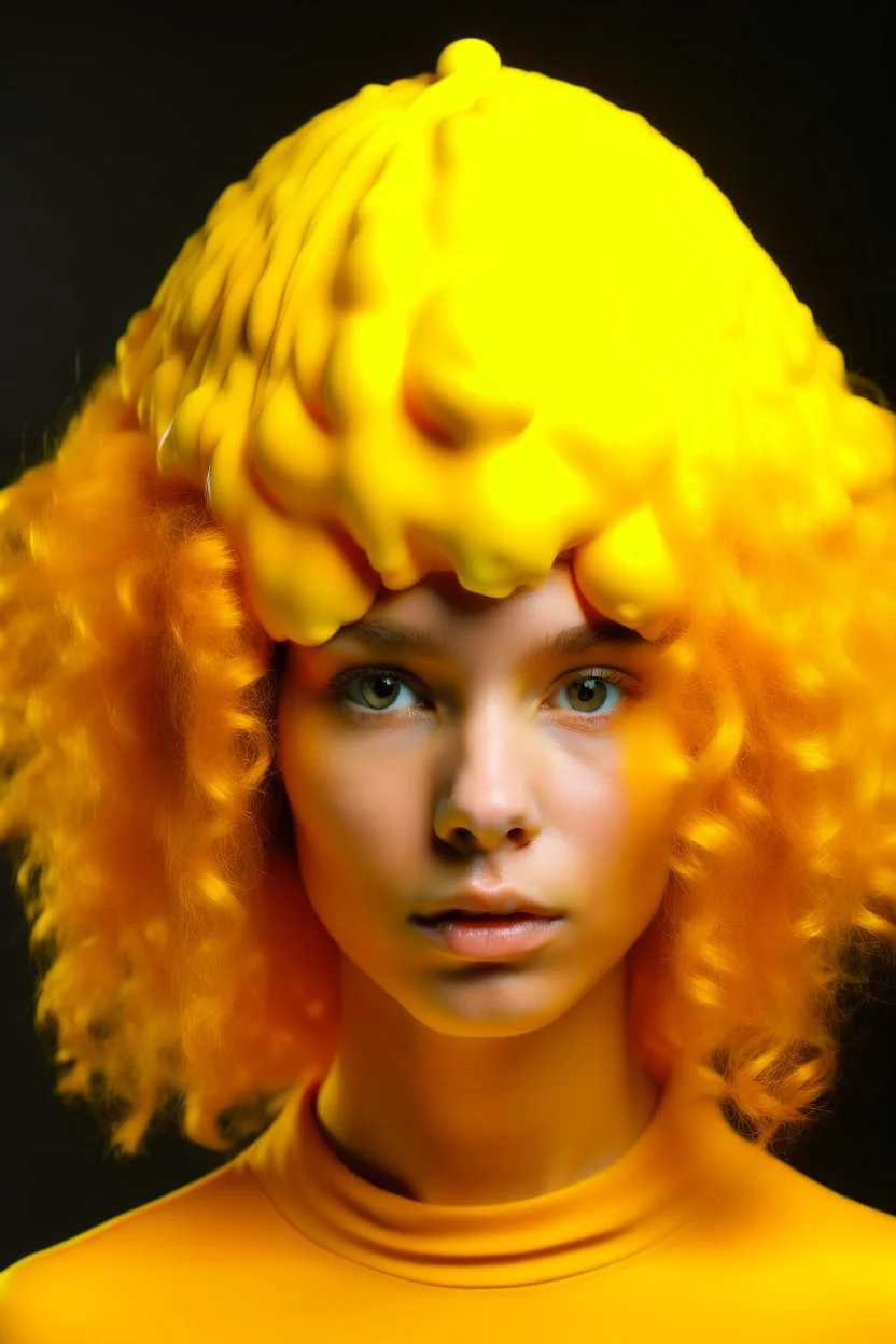 Girl face with yellow rubber effect in all face and hair with orange sponge meduza hair