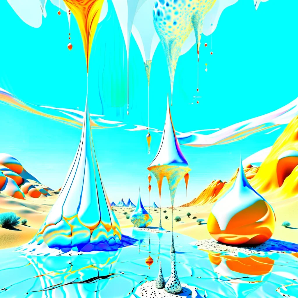 Bright, glittering, 3d, steel-like, surreal objects in a bright environment, desert, noon light, melting cream, Yves Tanguy and Max Ernst style