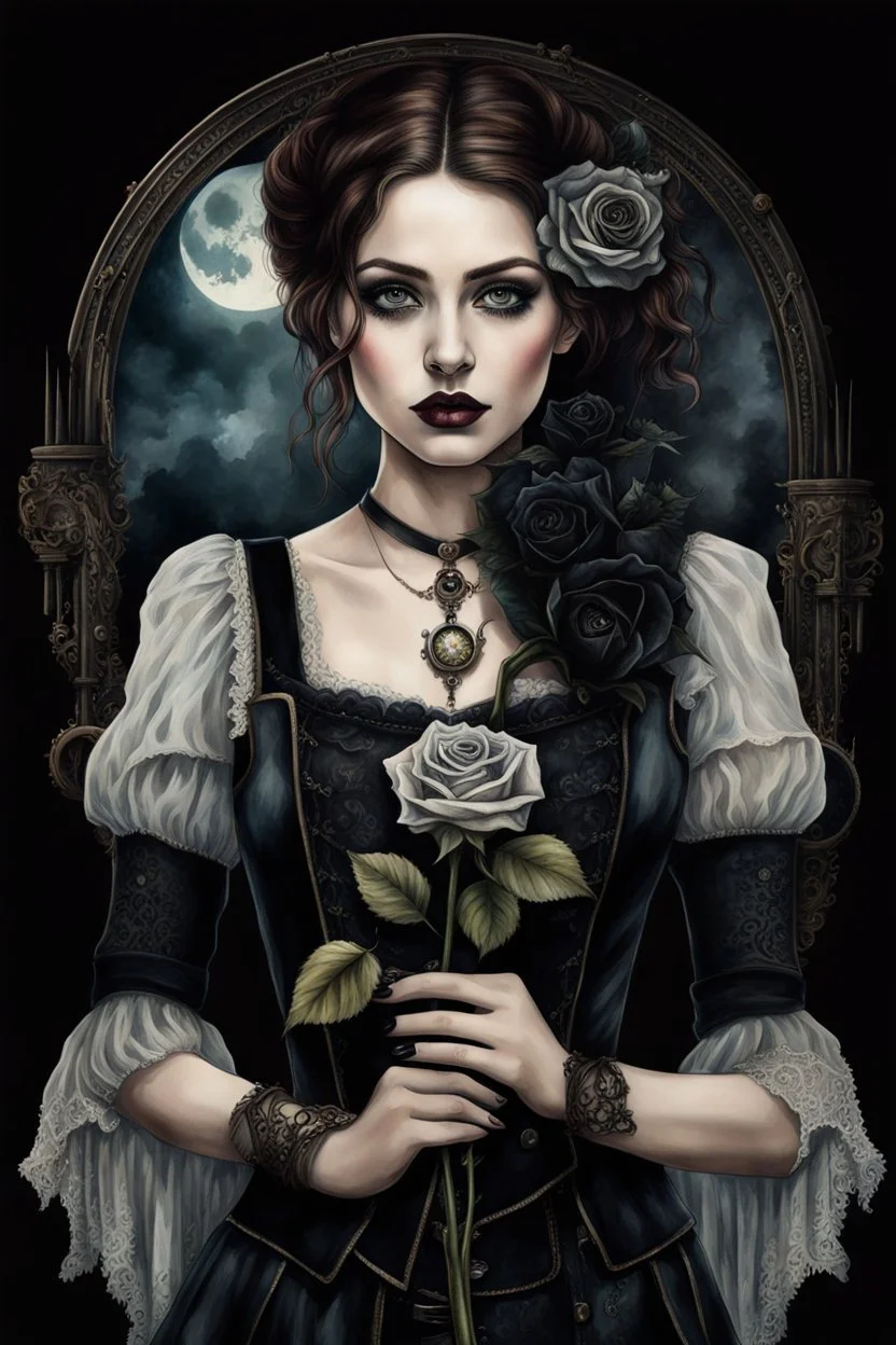 hyper photorealistic watercolor art style of a steampunk gothic style young woman with pale skin, big dark eyes, tiny nose, tiny mouth and messy dark hair , deep, dark colors, holding a black rose. She is gothic dressed, her expression is melancholic, surreal with mysterious elements. smooth blending, extremely detailed, realistic textures, cinematic, dramatic lighting