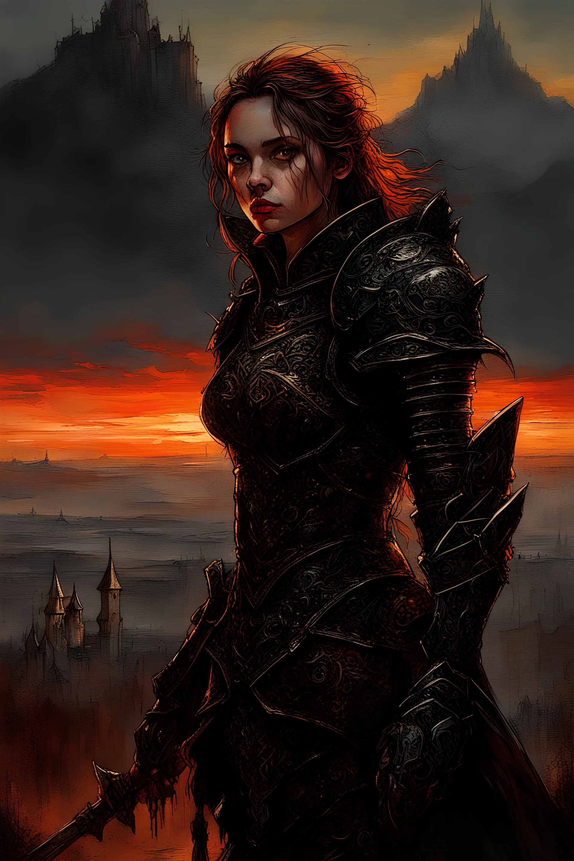 A formidable warrior girl in black armor, on the background Amazing gloomy landscape, flooded with sunset, mountains, trees, fabulous scary hero, , juicy emotions, painting, dark fantasy, gloomy day, dark world, portrait, Gothic Town At Night, Fantasy, Intricate Details, Castle Courtyard Gardens, Hyper Detailed, Jean Baptiste Monge, Carne Griffiths, Michael Garmash, Seb Mckinnon, Masterpiece