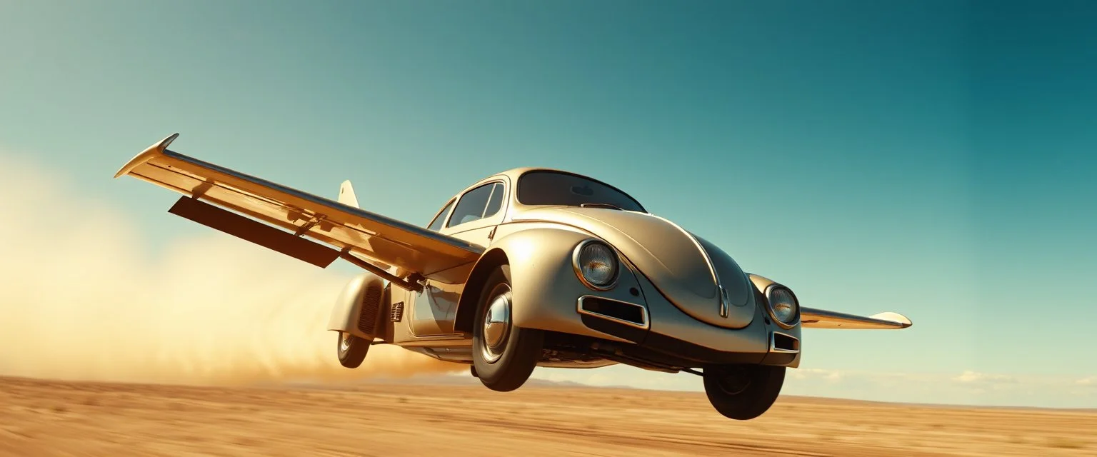 a high definition screen shot of a jet-fighter vw-beetle, retrofuturistic, phototrealism, in flight, one subject,