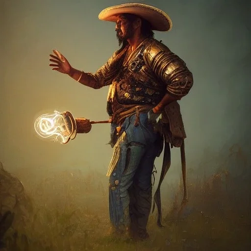 Insanely detailed photograph of an “ a mustachioed cowboy warrior "with worn Sombrero, handsome charo,cigar,glowing bluish green orb in outstretched hand, hyperdetailed painting by Ismail Inceoglu Huang Guangjian and Dan Witz CGSociety ZBrush Central fantasy art album cover art,8K, hdr, mysterious, flickeringlights ,Stoic