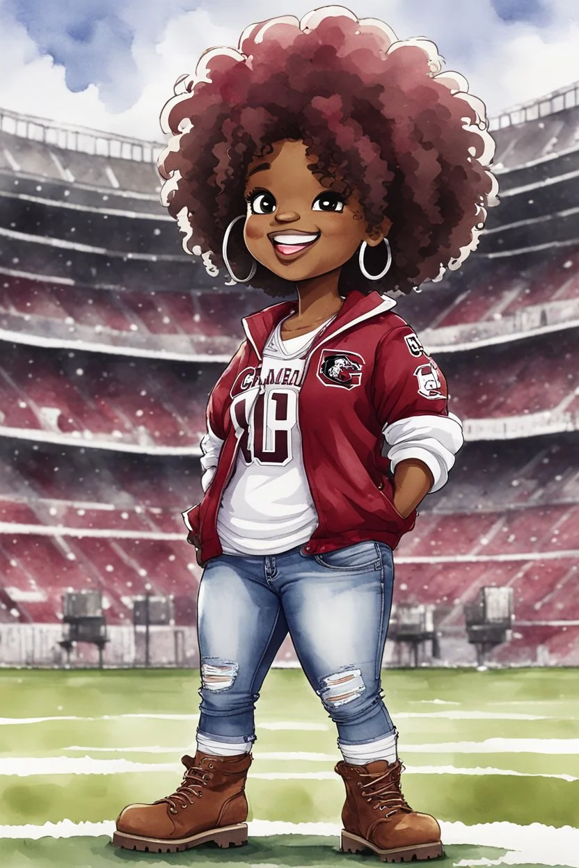 A sassy thick-lined watercolor cartoon image of a black chibi girl standing in front of a football stadium. She is wearing a University of South Carolina football gamecocks jersey with tight white jeans and timberland boots. behind her curvy body. Looking up coyly, she grins widely, showing sharp teeth. Her poofy hair forms a mane framing her confident, regal expression. Prominent maekup with hazel eyes. Hair is highly detailed.