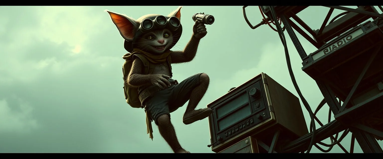 the coolest sassy bugbear gremlin explorer climbing a radio tower with crazy swag in the style of fallout 4