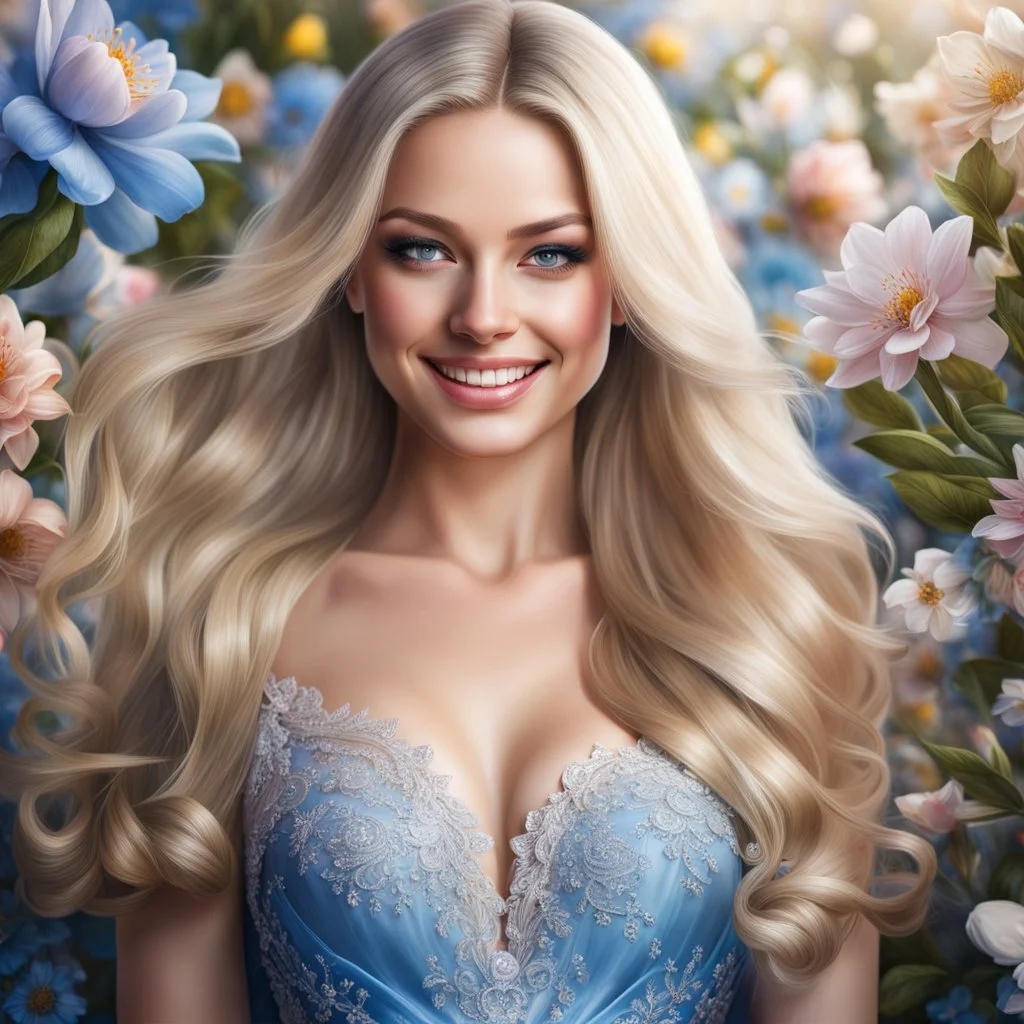 (best quality, 4k, 8k, highres, masterpiece:1.2), ultra-detailed, (realistic, photorealistic, photo-realistic:1.37),hyper realistic, full body gorgeous smiling 1woman,long hair,looking at viewer,realistic proportions,blue eyes,hair ornament,transparent dress,very long hair,flower,blonde hair,parted lips,necklace,white dress,blonde hair,lips,blurry pastel background,freckles,realistic,head wreath, pink flower,realistic portrait, dreamy fantasy landscape countryside,great pespective,crystal castle