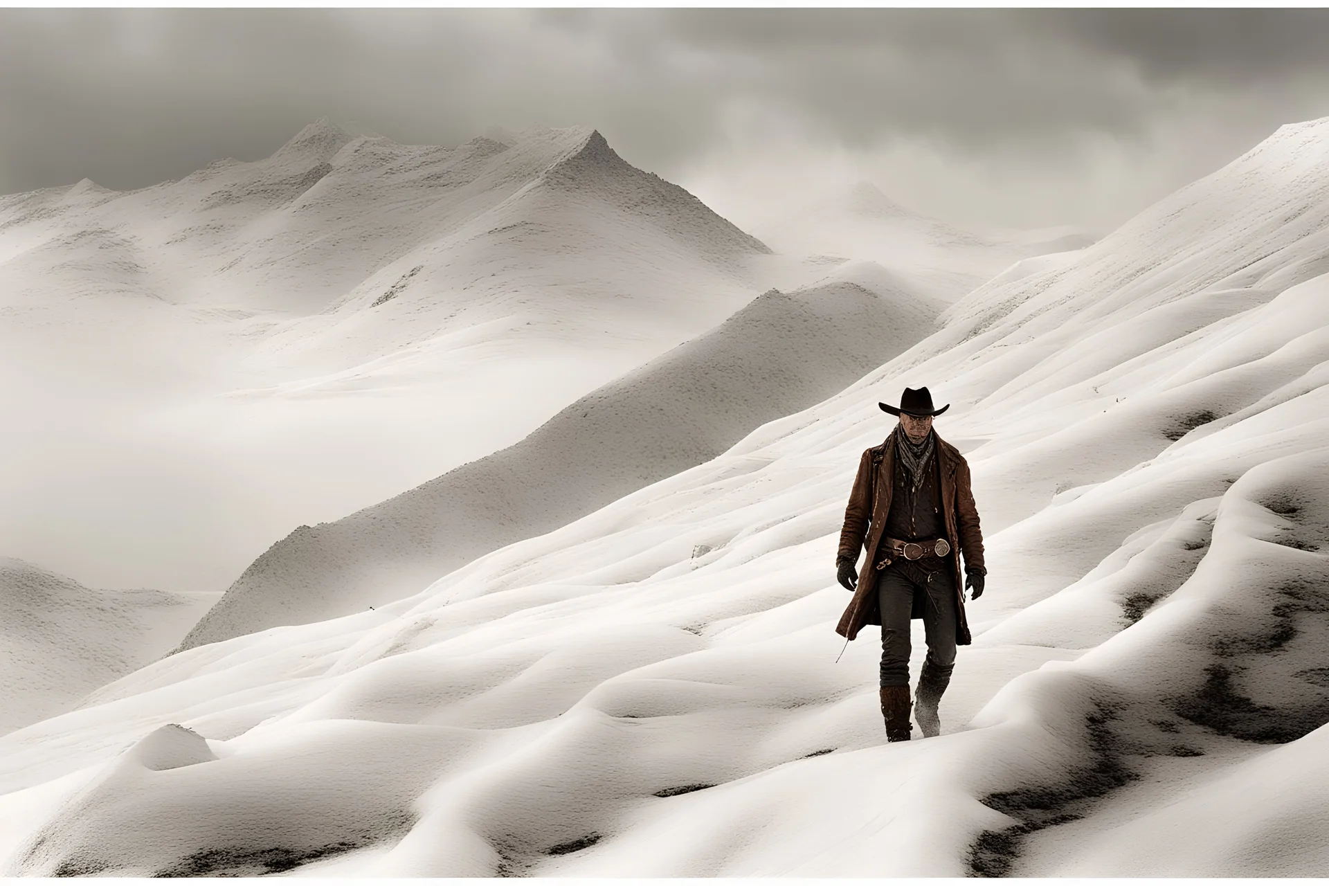 A cowboy traverses a vast expanse of icy mountains during a tumultuous winter storm. The biting winds howl fiercely, whipping snowflakes into a frenzy around him. Clad in weathered leather, he presses forward, his determined stride defying the harsh elements. The mountains stand sentinel-like, their peaks obscured by the tempest's fury, creating an otherworldly, desolate landscape. Photo taken by Victoria Will with a Nikon D850 and a telephoto lens. Award Winning Photography style, Natural light