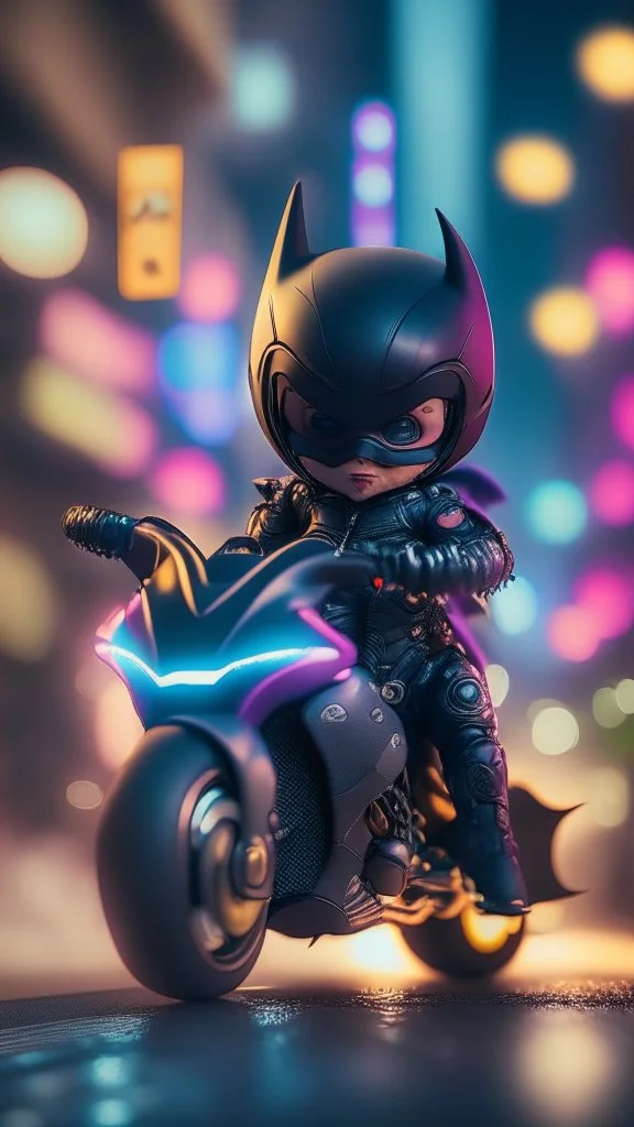 A happy Kawaii tiny hyper realistic baby batman riding mini ducati panigale, wearing bikers batman clothes with shooting action, night of cyberpunk city background. wide angle full body, 8k, Cinematography, photorealistic,epic composition Unreal Engine,Cinematic, Color Grading, Portrait Photography,Ultra-Wide Angle, Depth of Field, hyper detailed