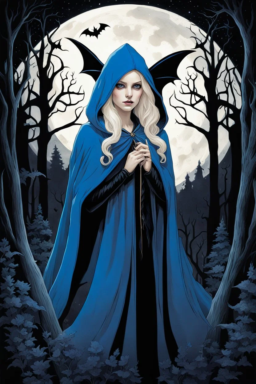 Very realistic dark and whimsical illustration, She has large, captivating eyes with bright blue irises and her face is framed by wavy blond hair. She wears a bright blue hooded cloak, under which bats are seen flying. The background is a haunting forest with tall, silhouetted trees, and a white moon casting its glow. he atmosphere is mysterious with elements of gothic fantasy with wolf in the background, by artgerm and rutkowski ,8k, UHD, magic fantasy,