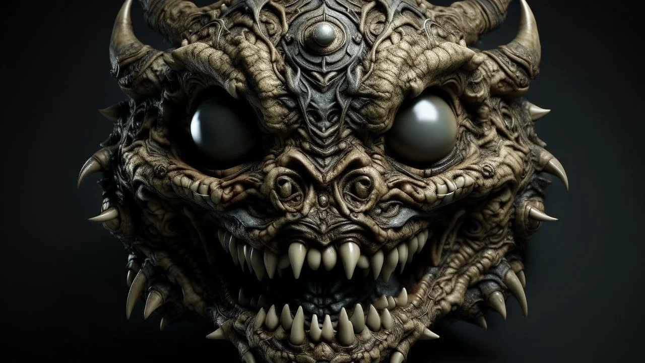 A grotesque mask adorned with sharp teeth and bulging eyes, rendered in a hyper-realistic style with intricate details and textures.