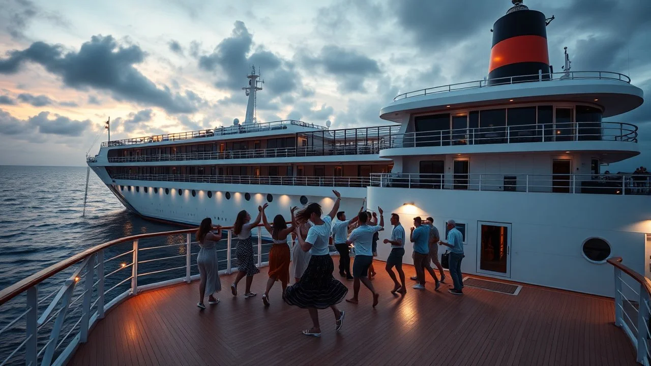 a group of young ladies and young men are dancing to camera on deck of a huge moder ship in oceion ,cloudy sun set sky