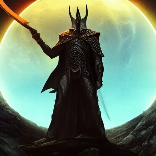 Sauron, the mighty lord of darkness, standing on a rock in the dark land of Mordor, a super-hero man of infinite power and technology of the galactic race, with a great army, a large moon disk behind him, and a fiery sword in his hand