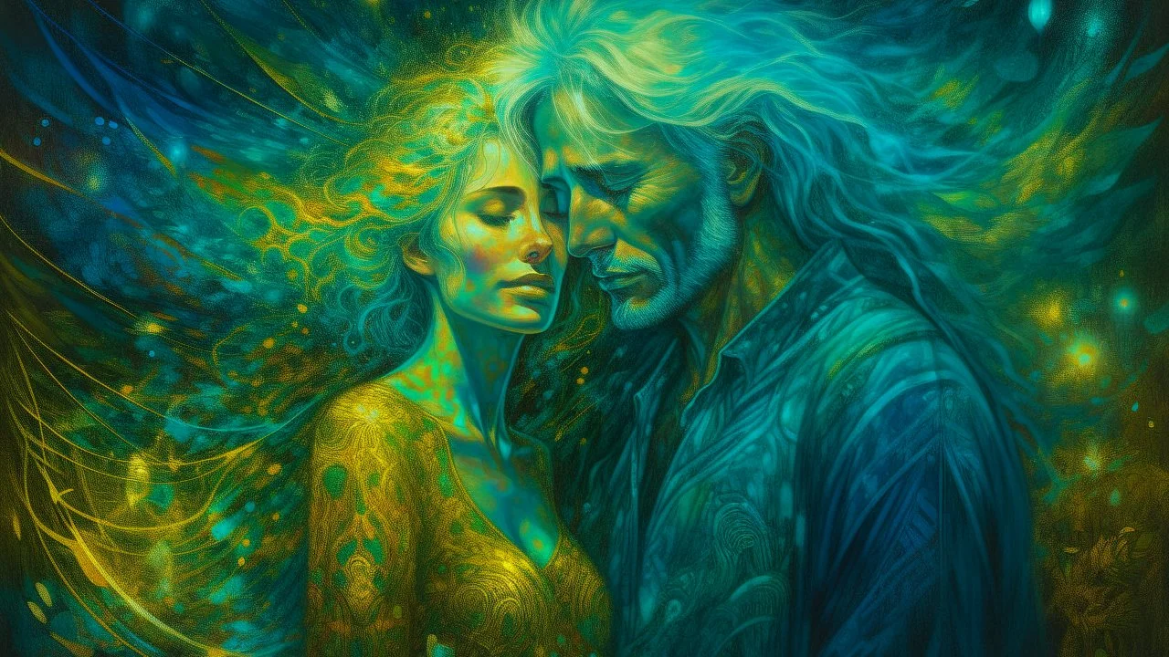 old worn layered canvas, Surrealism, Captivating realistic painting of a MAN, Medium ground, vibrant gold splashes, Multiple exposure, fluffiness, Their faces are BRIGHTLY LITTLE, his hair blends into swirling fractal vines and tree roots, dark green foliage, HE HUGS THE WOMAN, WINGS, Their faces are brightly lit, Flowing hair dissolves into intricate patterns of blue waterfall, Night-time tiny glowing fireflies, Set against a hazy ethereal background, Flashes, Space, Gold fragments, Gold partic