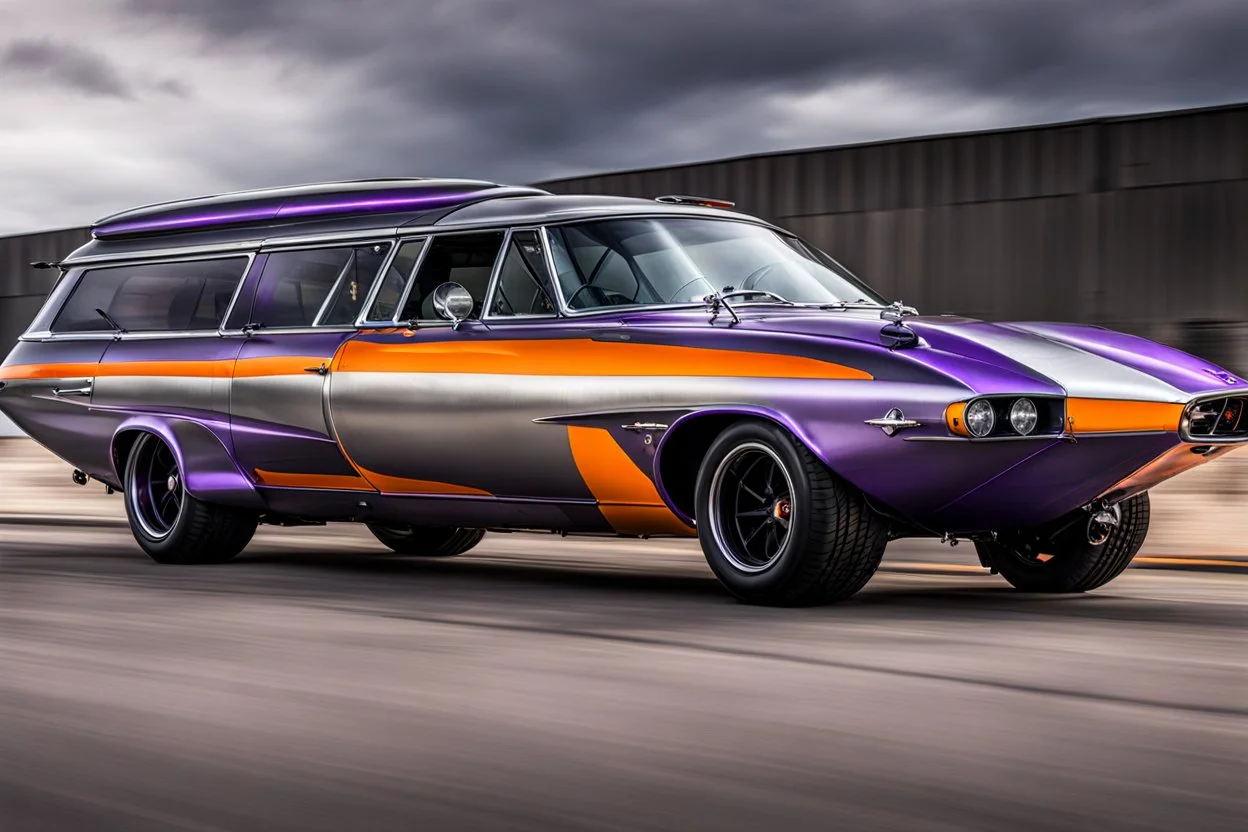 a military fighter jet station wagon hybrid silver and black and orange and purple paint job metallic