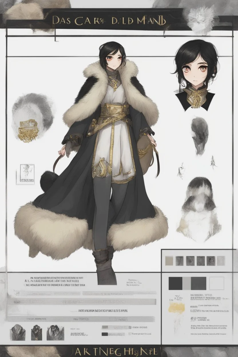 A dnd character sheet. A woman dressed for the cold north in black and white furs, with black hair and gold eyes.